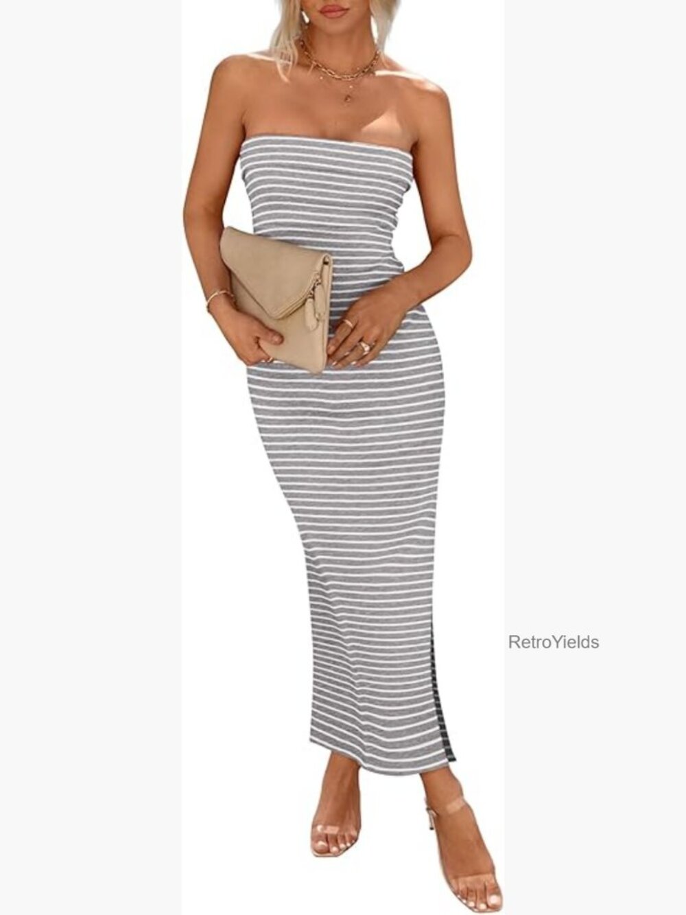 Strapless Ribbed Maxi Tube Dress Bodycon Side Slit Long Party